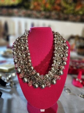 Vintage Metallic and Pink Cluster Chain Necklace